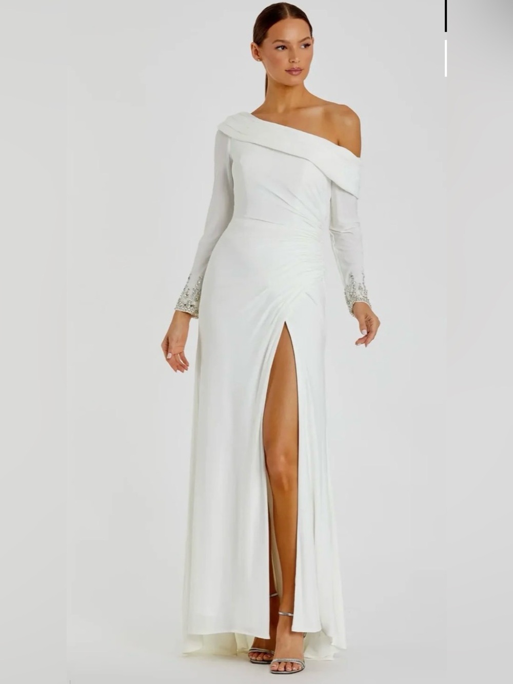 Mac Duggal One-Shoulder White Evening Gown with Side Slit
